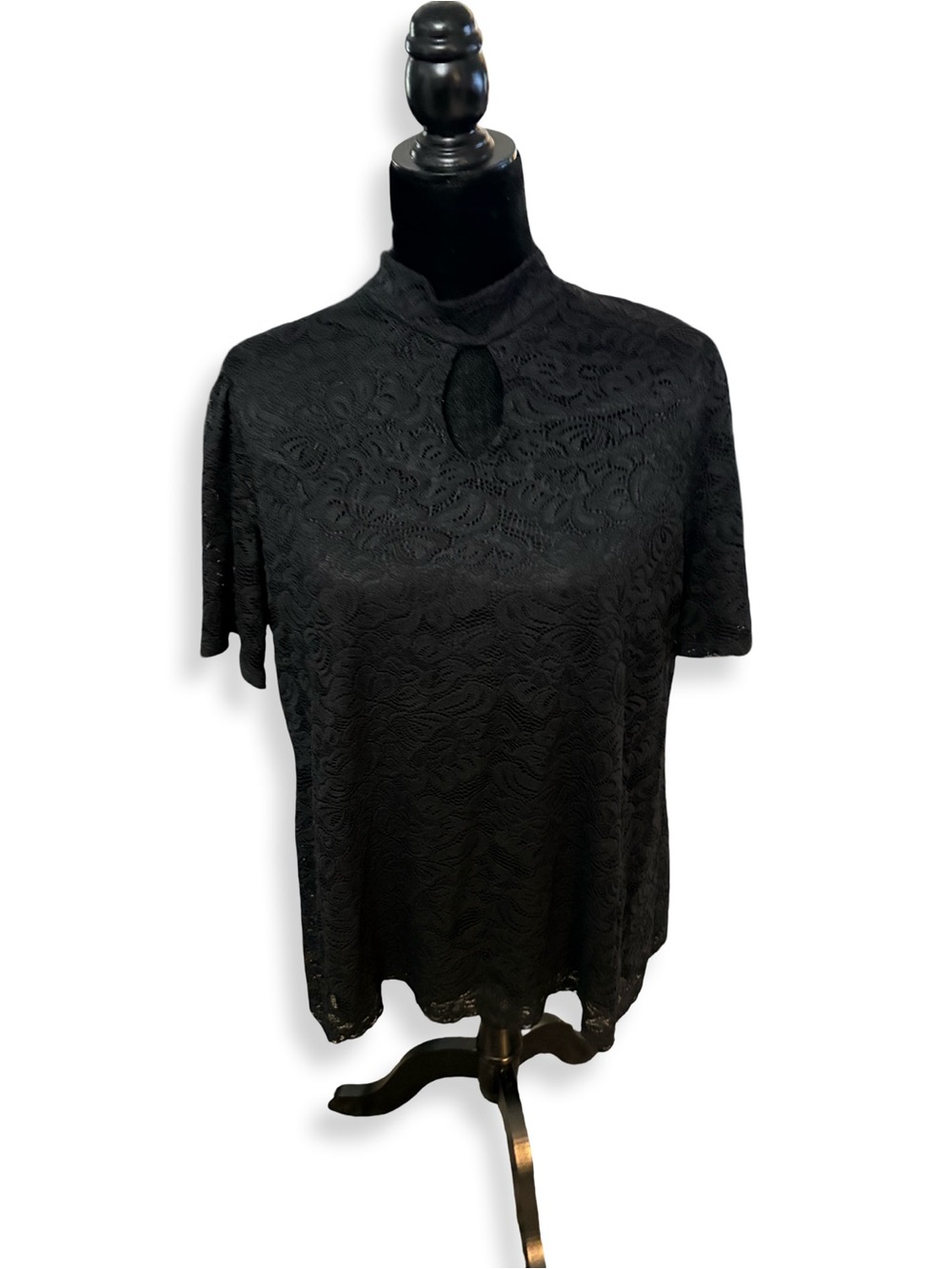 PerSeption Concept Black Lace Mock Neck Keyhole Top